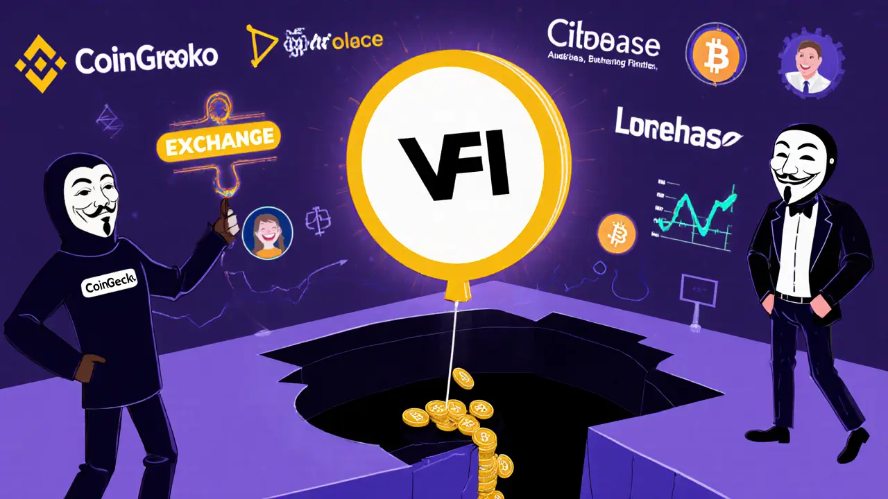 A floating VYFI token drains into a black hole while real exchanges glow safely nearby.