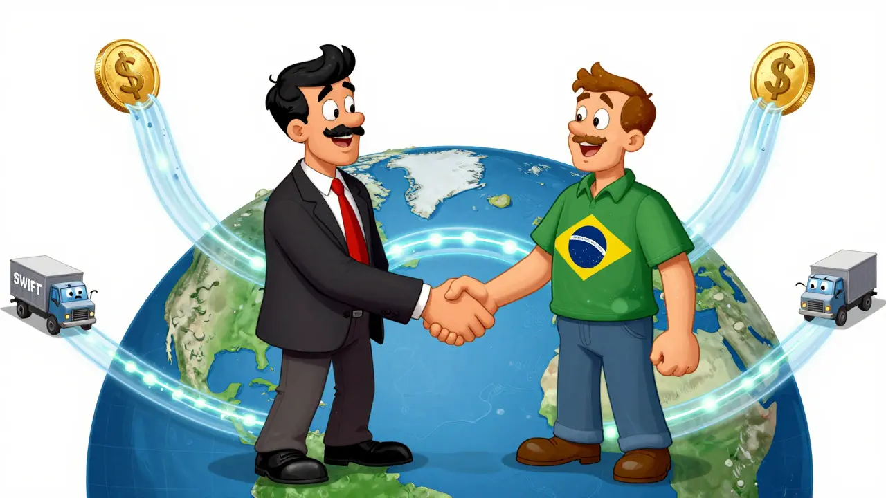 A German business owner and Brazilian supplier connect via a glowing blockchain path while SWIFT trucks break down.