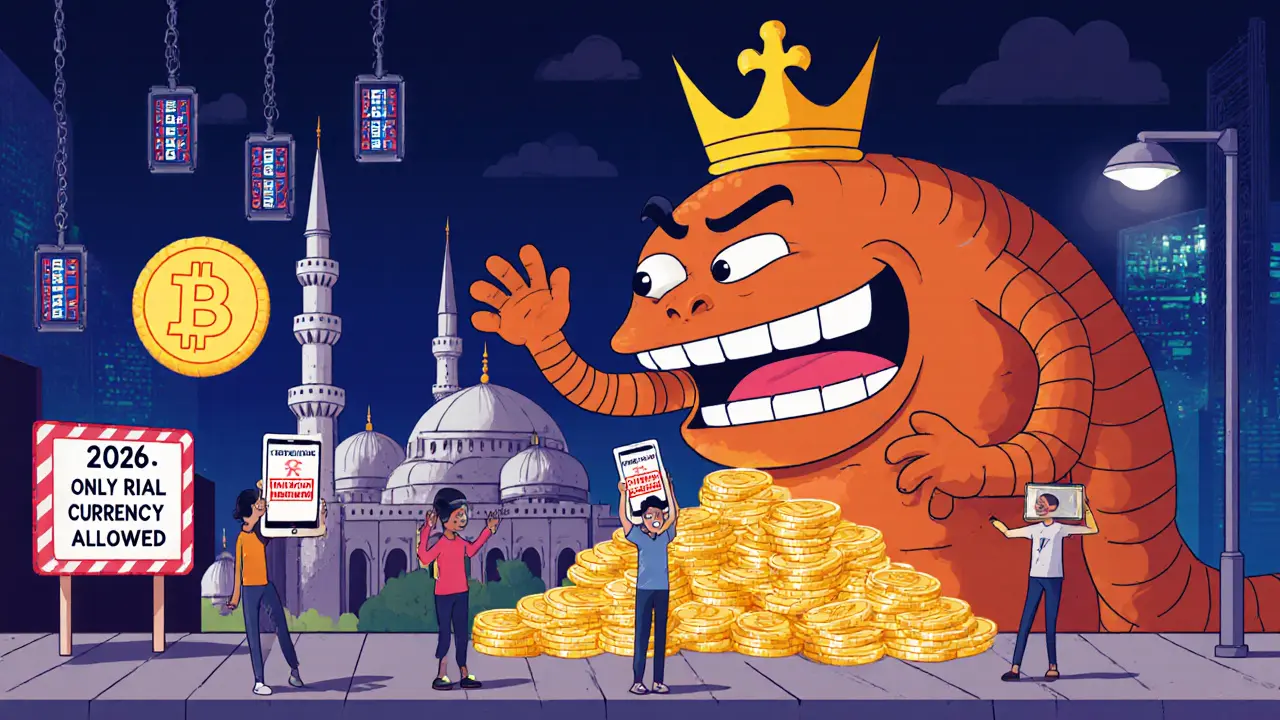 A giant digital Rial Currency monster swallows Bitcoin coins as citizens face denied transactions.