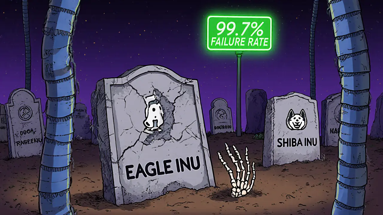 A graveyard of dead crypto tokens with EAGLE INU&#039;s tombstone half-buried in dirt.