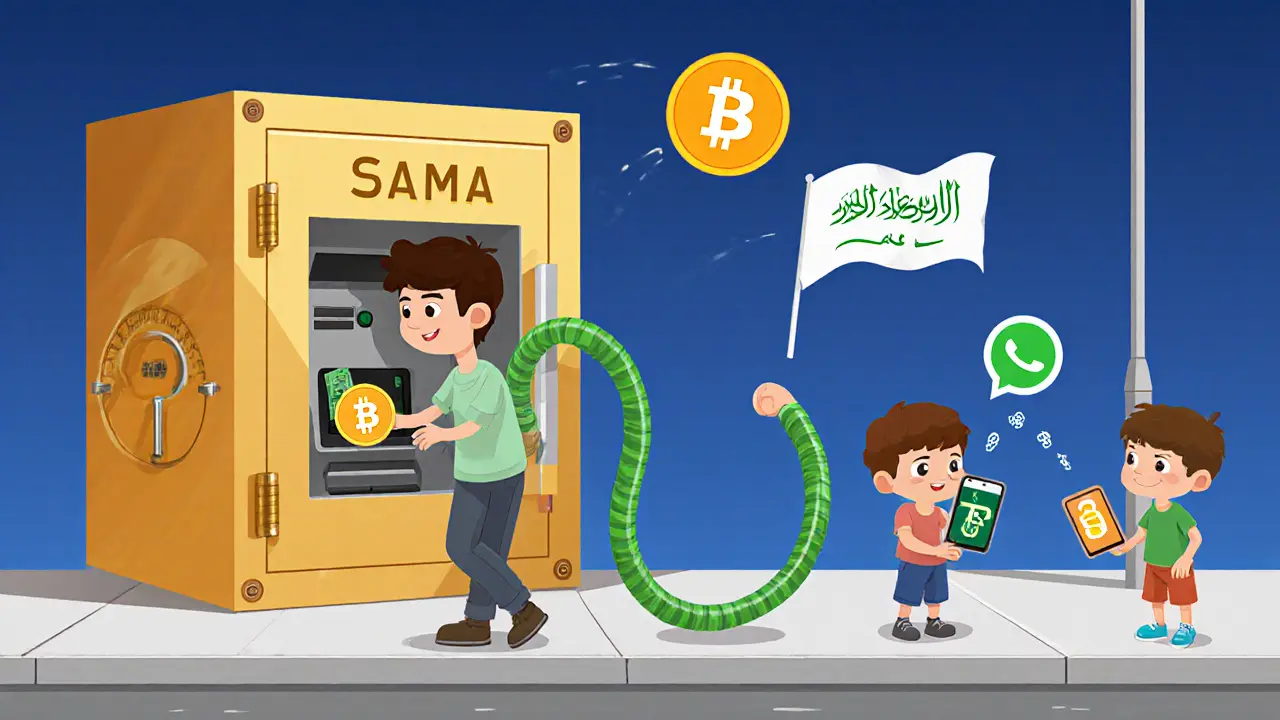 A teen using a crypto ATM, stretching like taffy as he receives Bitcoin, while a locked bank vault looms behind.