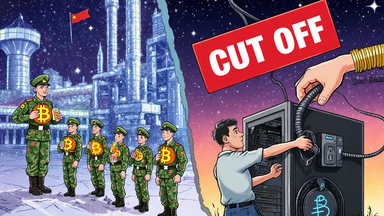 A two-tiered scene: a privileged state mining facility glows while a private miner’s rig shuts off.