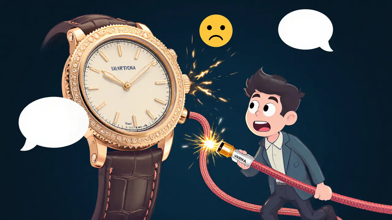 An entrepreneur struggling to connect LUXO to a luxury watch while VeChain and AURA systems glow brightly nearby.