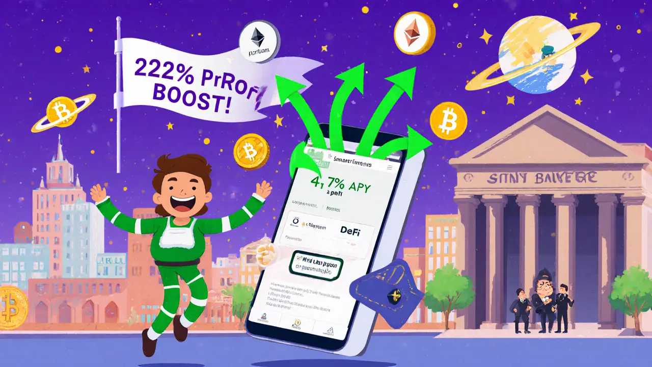 Bakery owner celebrating profit boost from DeFi interest, with USDC tokens and smart contracts orbiting nearby.