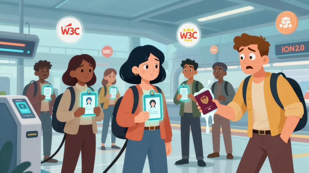 Diverse people at an airport using digital wallets to verify identity without physical documents, in a whimsical cartoon setting.