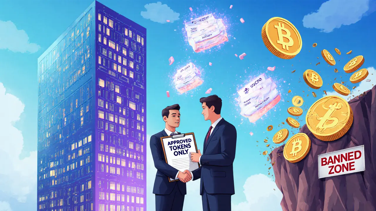 Investors shake hands with a regulator over approved digital asset tokens.