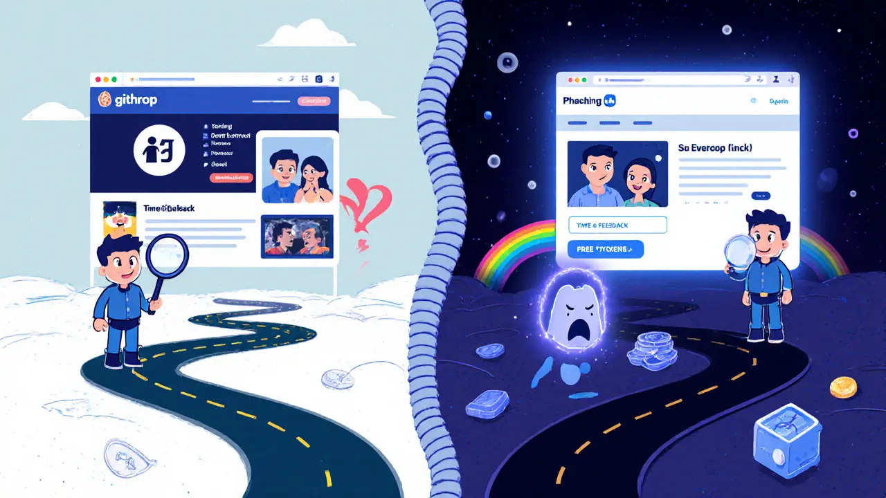 Split scene: hero examining a legitimate airdrop site vs. a fanged phishing button sucking coins from a crying wallet.