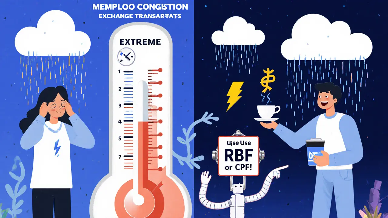 Split-screen: frustrated user waiting vs. happy user paying with Lightning Network, surrounded by congestion triggers.