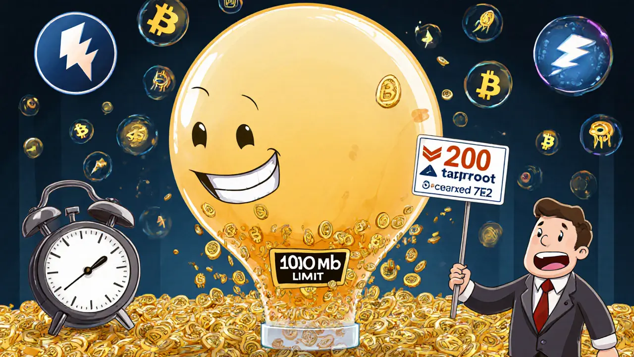 Squishy mempool balloon inside a computer, with low-fee transactions being ejected and high-fee ones flying out like rockets.