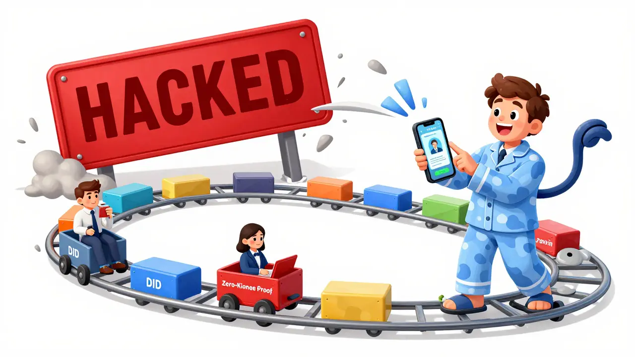 Verifiable credentials ride a stretchy blockchain rollercoaster while a user shares proof with a friendly bank teller.