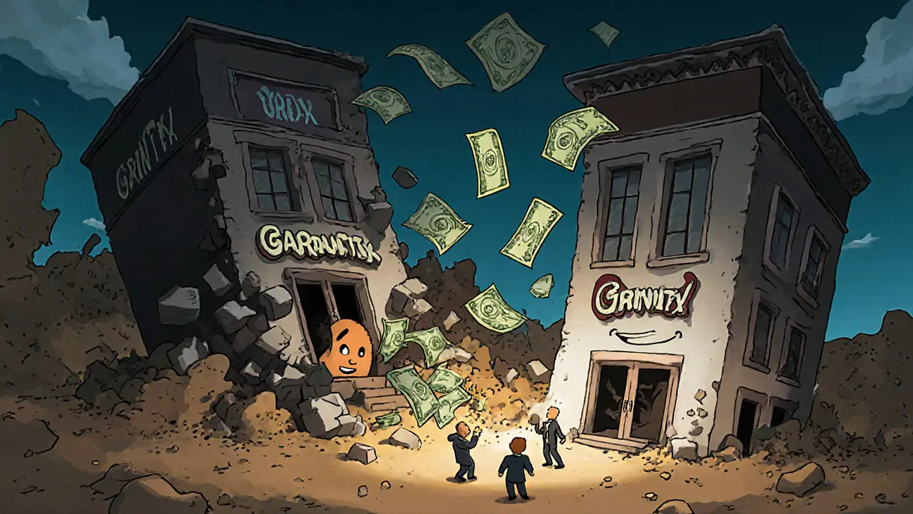 A collapsing crypto exchange instantly replaced by an identical one popping up like a jack-in-the-box.