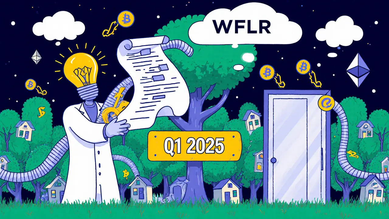 A developer unlocks both Ethereum and Flare doors with WFLR keys, as dApp houses grow around a Bitcoin integration sign.