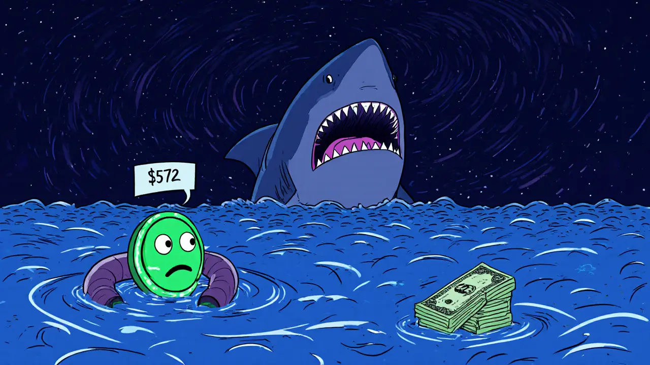 A lonely green COF token with googly eyes floats alone in an empty digital ocean with a tiny dollar amount.
