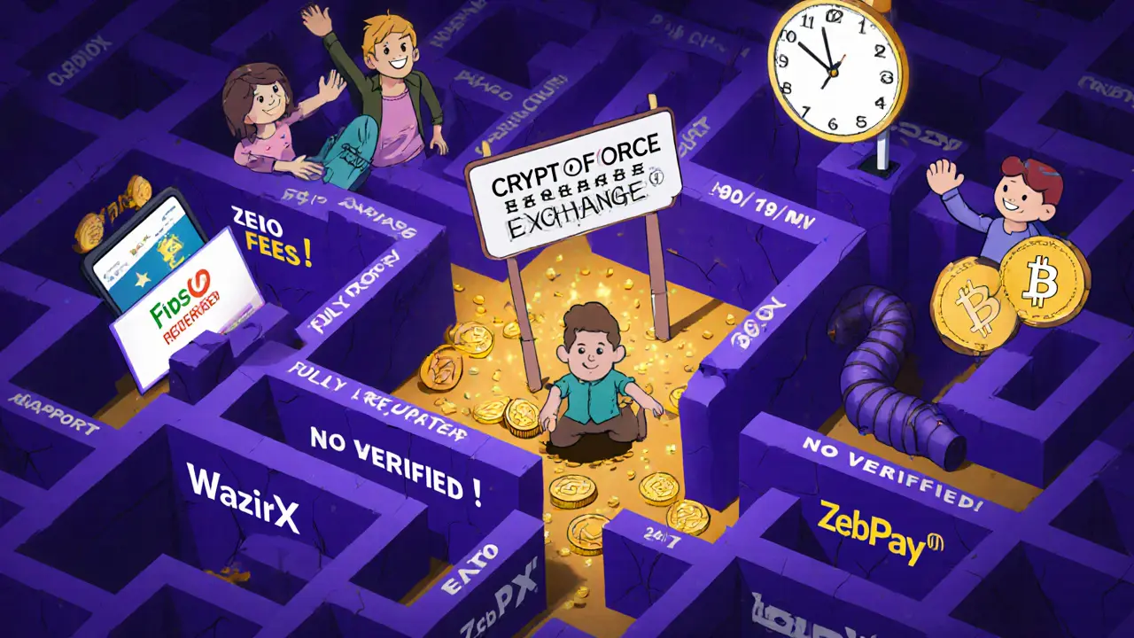 A trader trapped in a maze of false promises from Cryptoforce, while better exchanges shine outside.