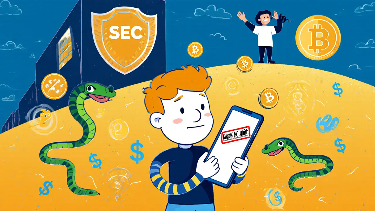 A user surrounded by snake-like crypto coins, with real exchanges shining safely in the distance.