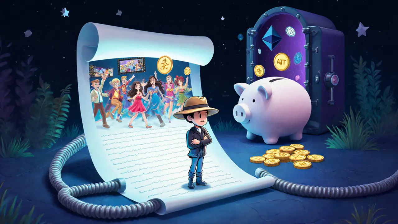 An indie filmmaker stands on a blockchain contract as a metaverse portal opens with fans dancing among floating movie NFTs.