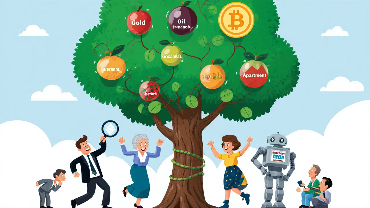 Cartoon investors dancing around a blockchain tree with fruit labeled gold, oil, and bonds, under approving SEC regulators.
