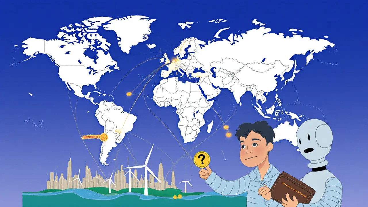 Global map with hands connecting via blockchain threads to a tokenized wind farm, a retail investor receiving a 0 token.