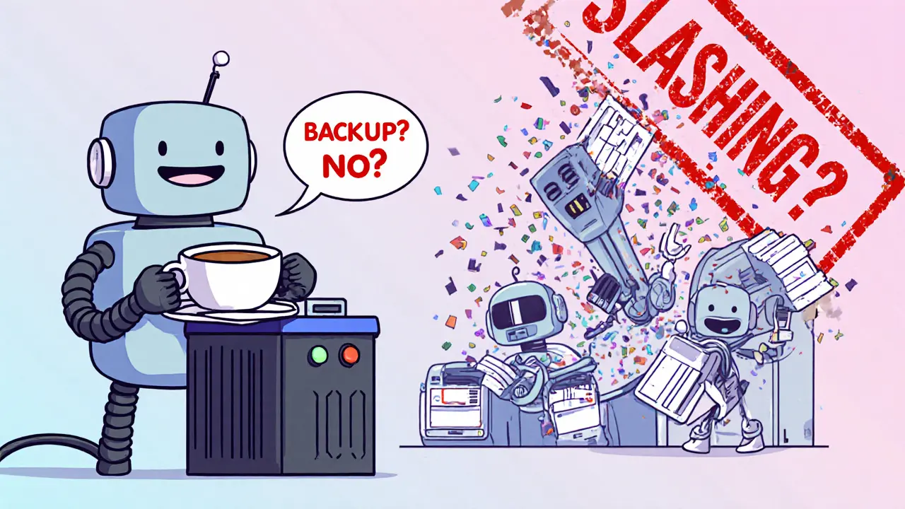 A cheerful validator robot sips tea protected by a UPS, while clone attempts explode in confetti.