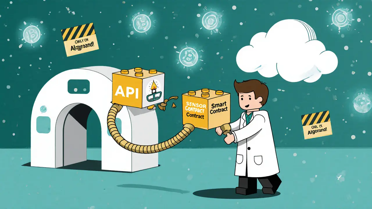 A developer building a data bridge with giant Lego blocks between an MRI machine and a blockchain cloud in cartoon style.