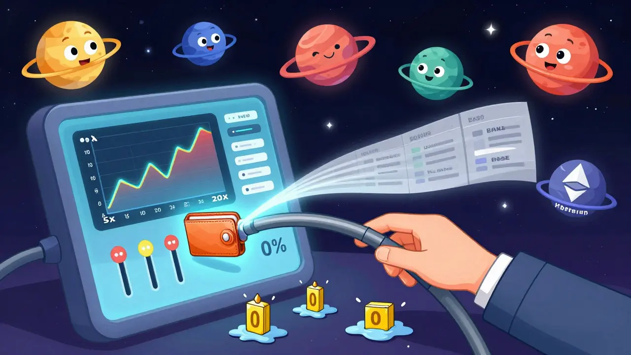 A hand connecting a wallet to a rubbery trading terminal with bouncing blockchains and melting gas fees.