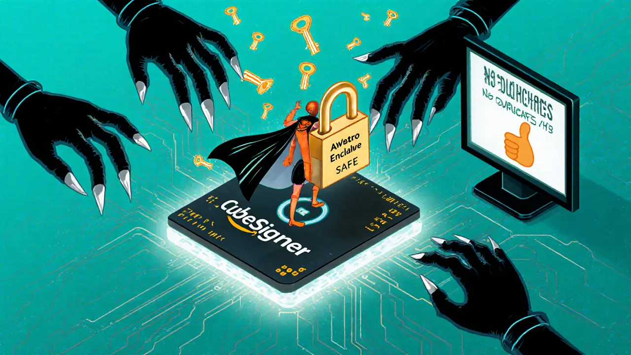 A hero stands safely inside a glowing hardware enclave, blocking hacker hands with a force field.