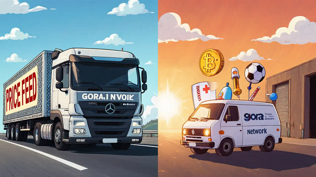 A tiny custom van labeled GORA parked next to a giant Chainlink truck, with medical and sports data sticking out.