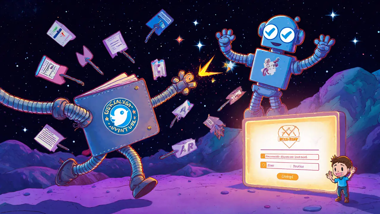 A wallet dodges fake DM arrows from a robot made of typos, while a real airdrop glows safely in the distance.