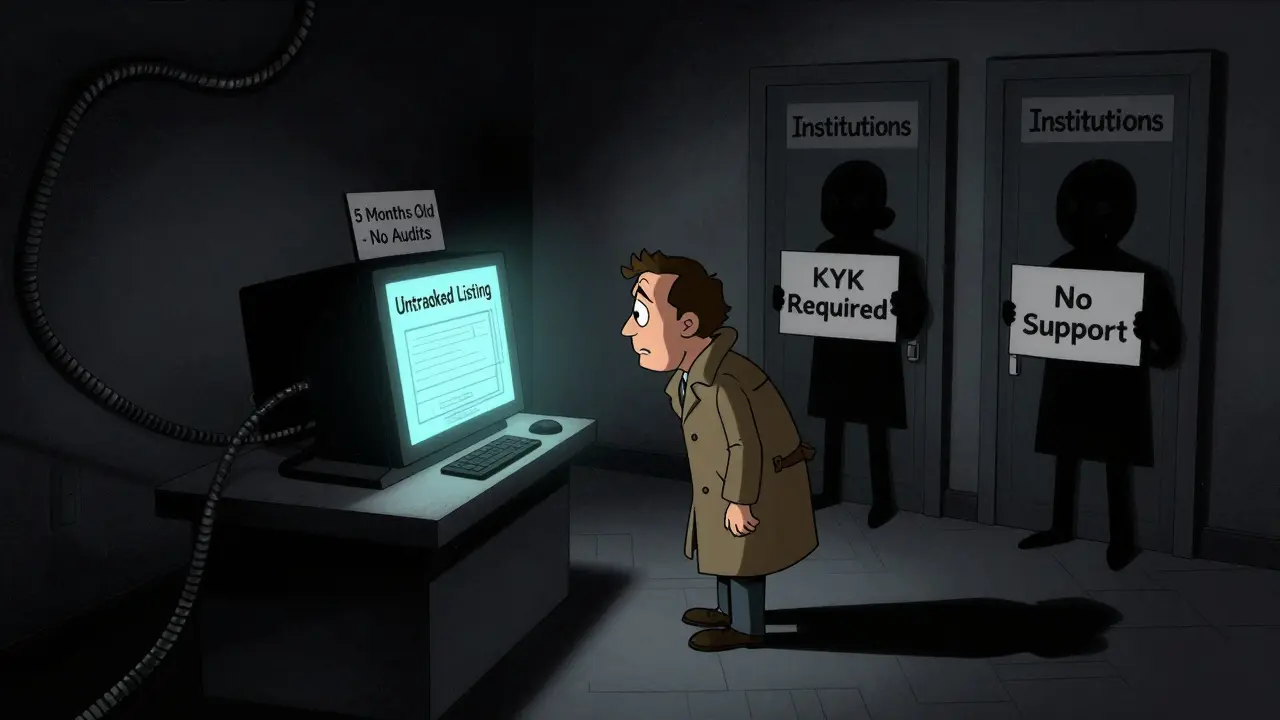 An empty trading floor with one lit terminal, shadowy figures at the door, and a sign saying &#039;Untracked Listing&#039;.