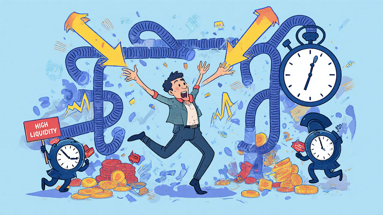 Comical scene of traders being flung during a market crash, with slow oracle clocks and fast competitors watching.