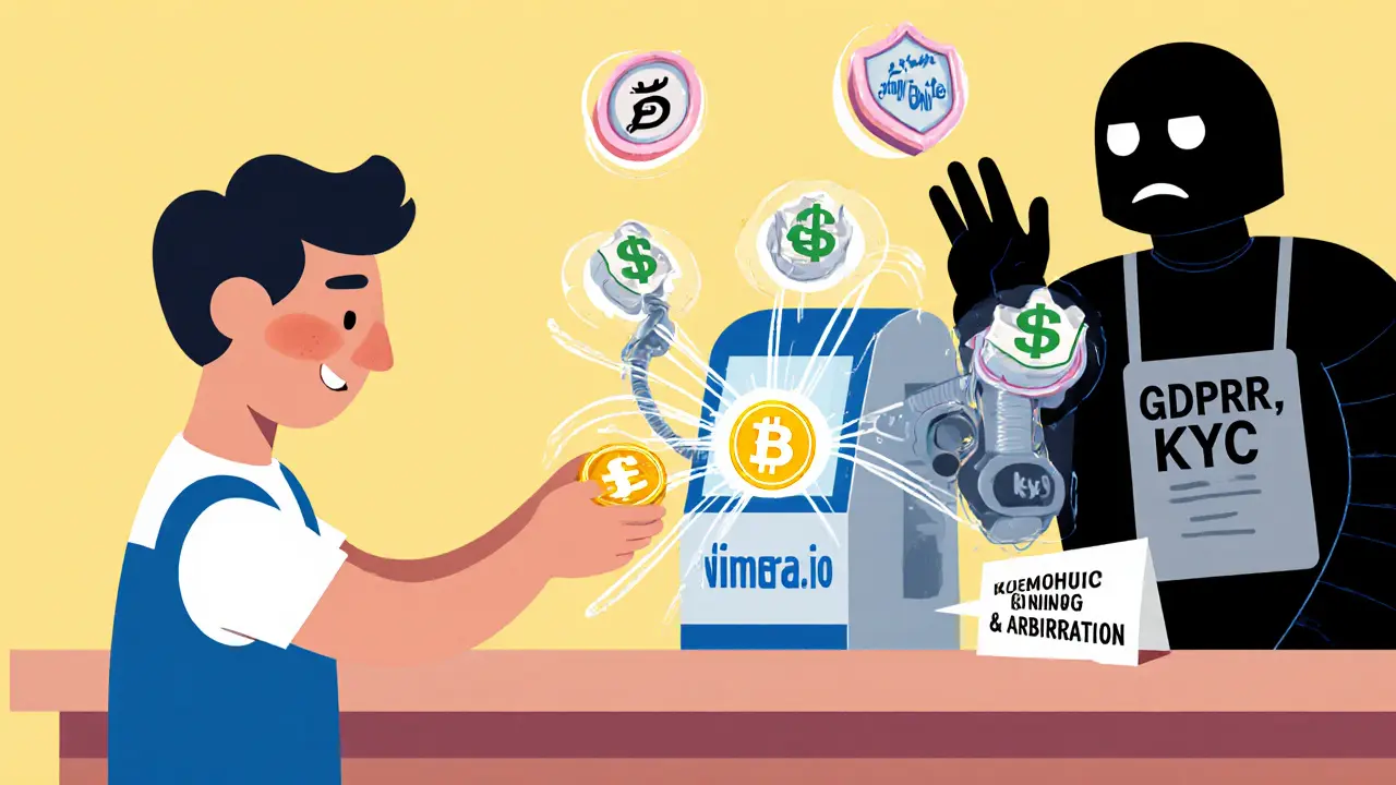 A business owner accepting crypto payments through a friendly machine that turns coins into cash.