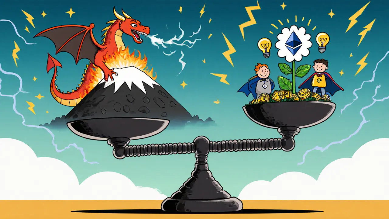 A cartoon scale tipping from a coal-powered Bitcoin dragon to a blooming Ethereum flower with staking validators.