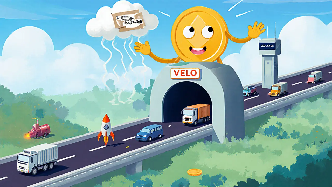 A colorful multi-chain highway in Asia connects crypto networks through a VELO tunnel, with vehicles zooming past a token holding back a delay cloud.