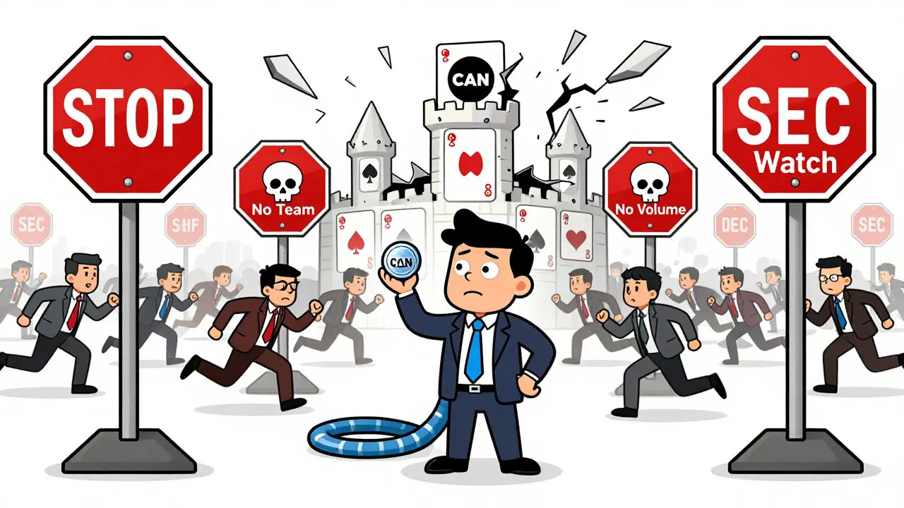 A confused investor holds a CAN token as giant warning signs loom and a meme coin castle collapses behind.