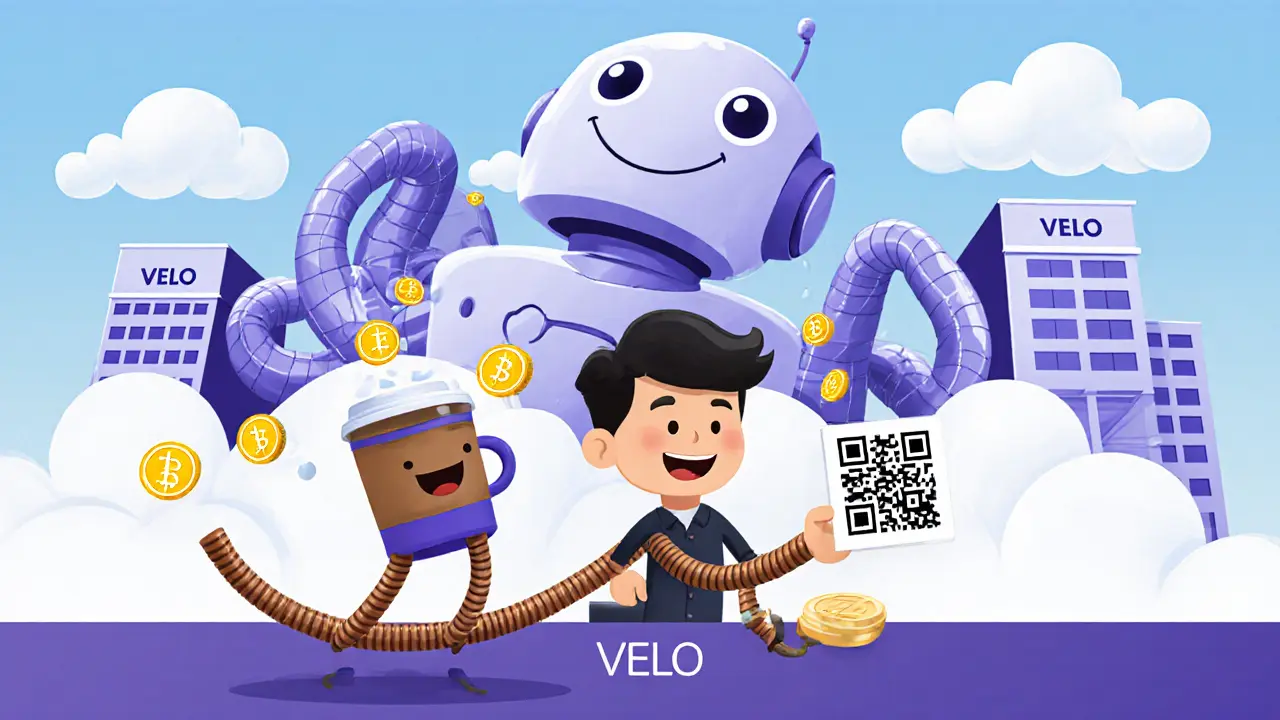 A customer earns VELO tokens at a coffee shop while a friendly AI robot settles payments between banks and blockchain clouds.