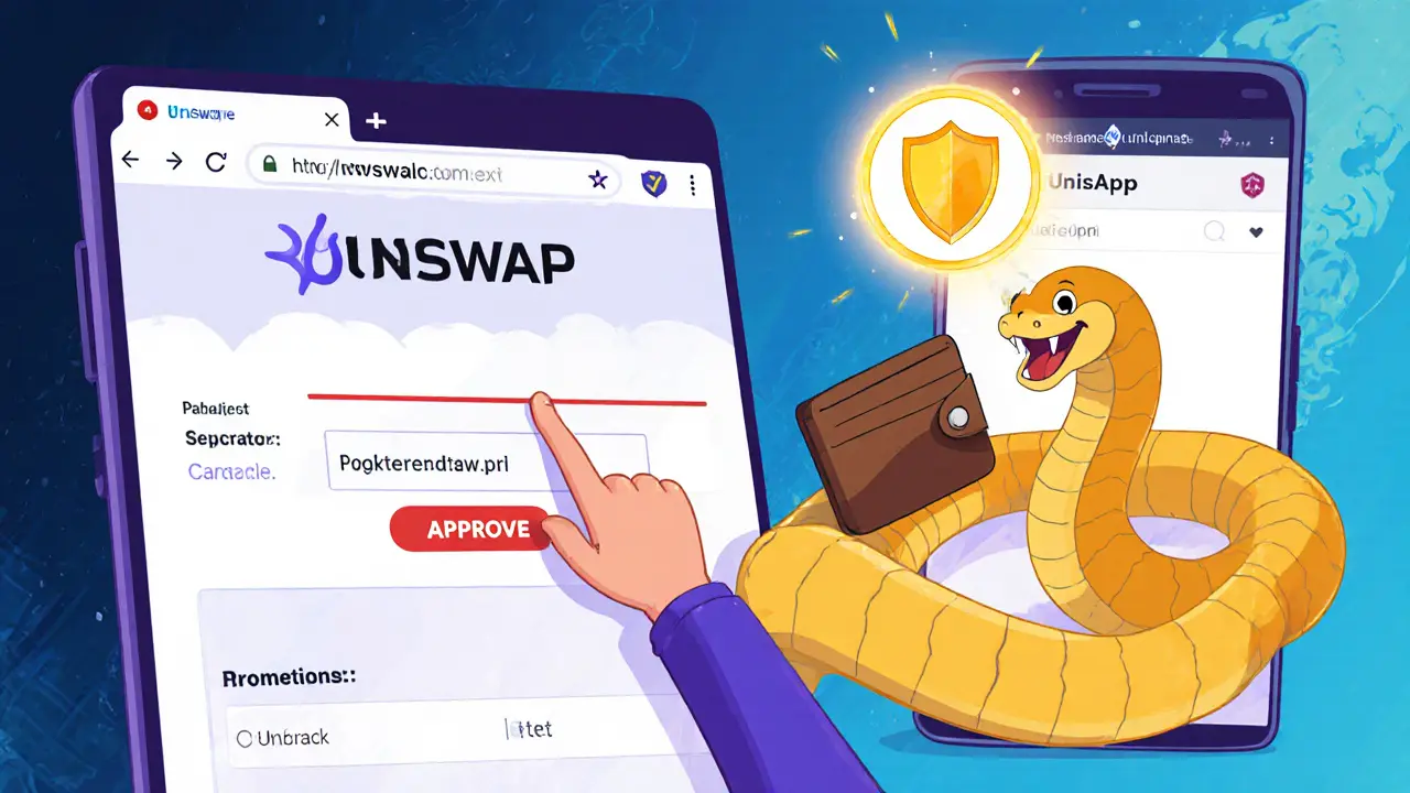 A fake dApp site mimicking Uniswap with a snake-like contract address tricking a user into approving a transaction.