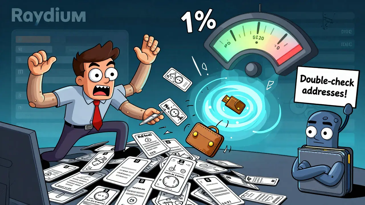 A frantic cartoon trader dodging scam tokens with googly eyes while a calm wallet warns to check addresses.