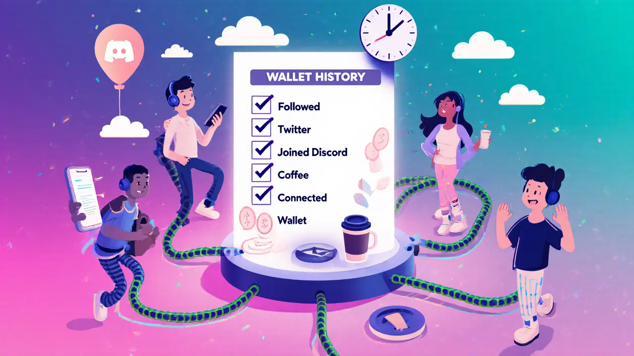 A group of characters connected by hoses to a wallet history hub, with a glowing checklist and fading clock.