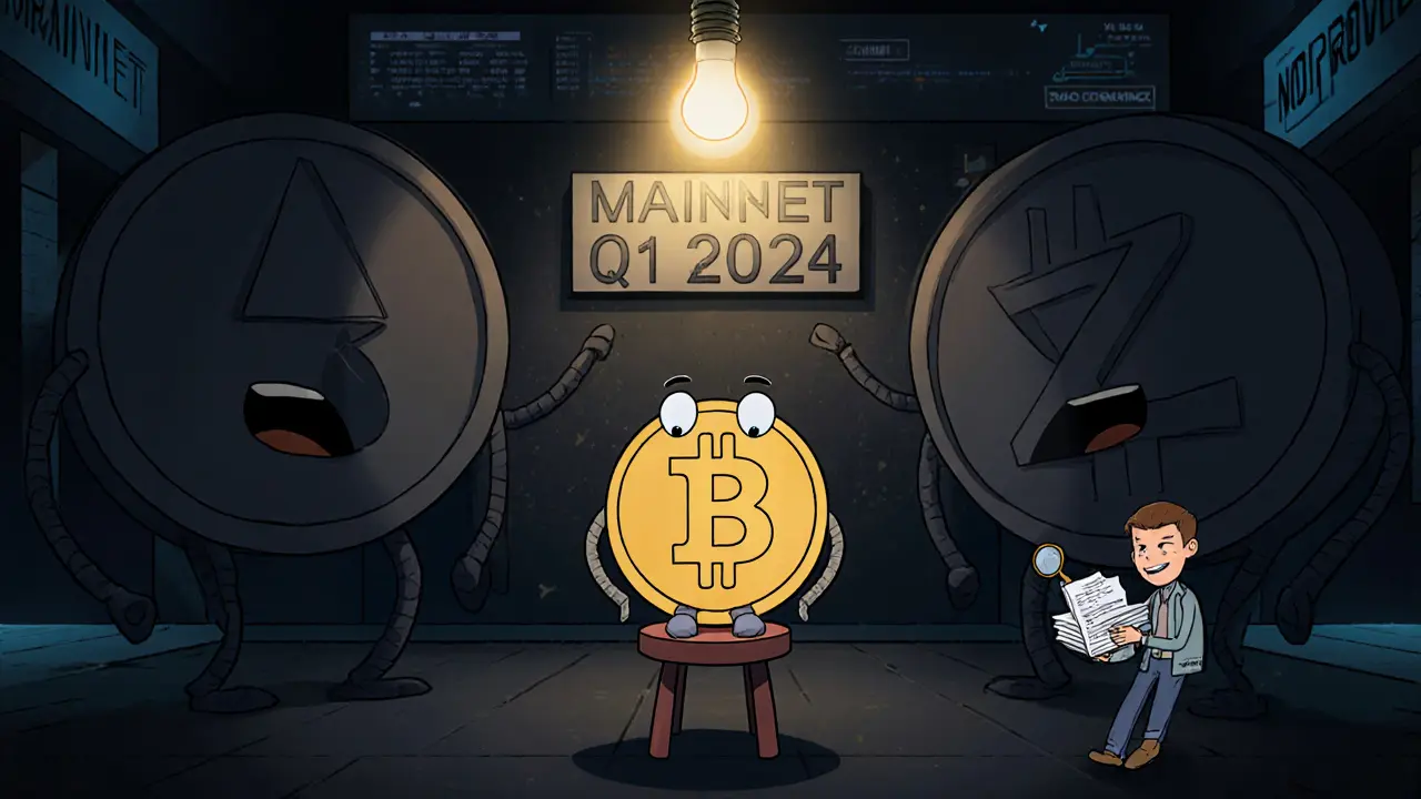 A lonely TSM token sits alone in a dark exchange as bigger coins laugh, with a flickering &#039;Mainnet Q1 2024&#039; sign above.