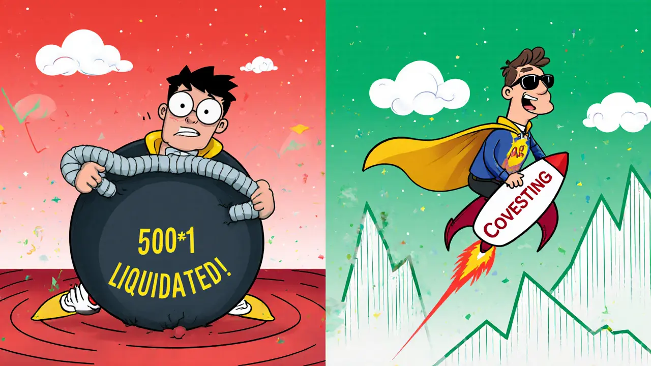 A nervous trader crushed by high leverage vs. a confident trader riding a Covesting rocket through profit clouds.