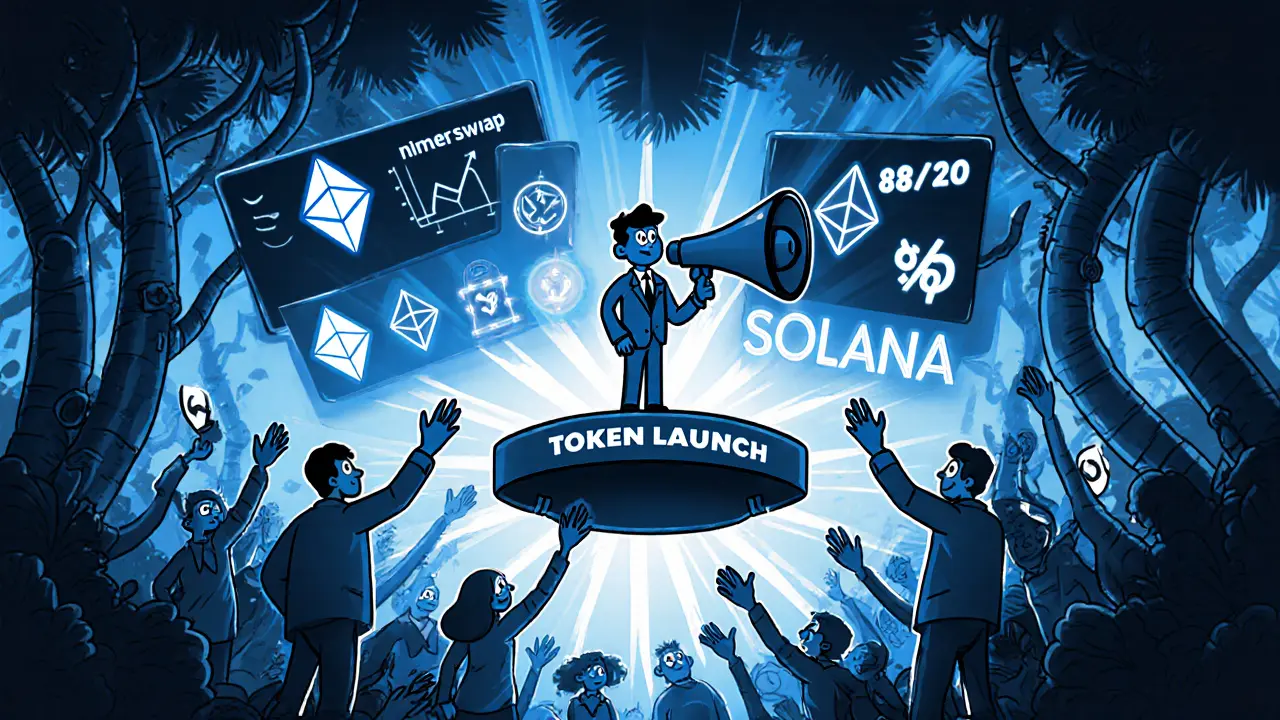 A project founder launching tokens to eager investors in a surreal blockchain jungle.