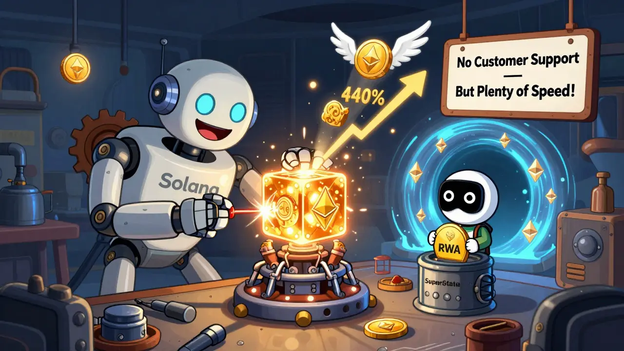 A steampunk robot welding a blockchain engine as tokenized bonds enter a vault and a wormhole glows nearby.