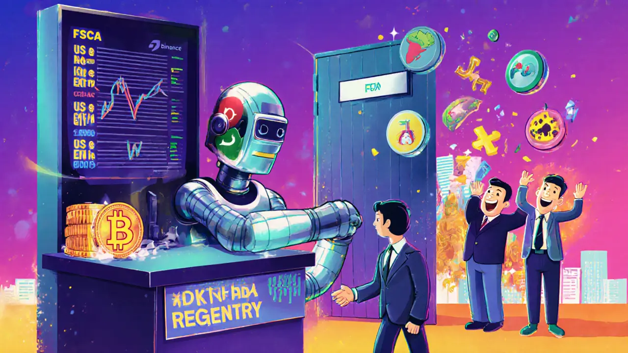 A trading robot shakes hands with a regulator while users from Africa and Asia deposit funds, US door closed.