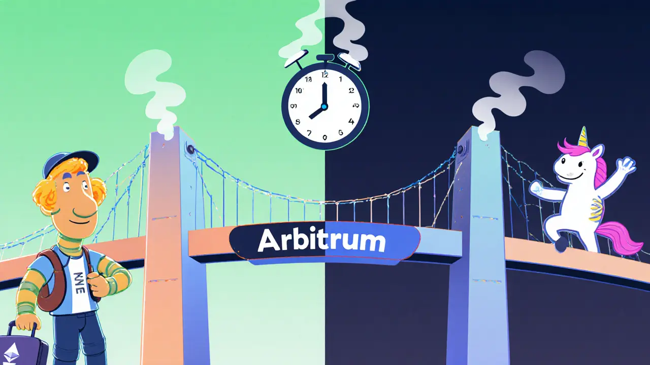 A traveler at a bridge labeled Arbitrum, with a 7-day clock above, while friendly DEX creatures wave from the other side.