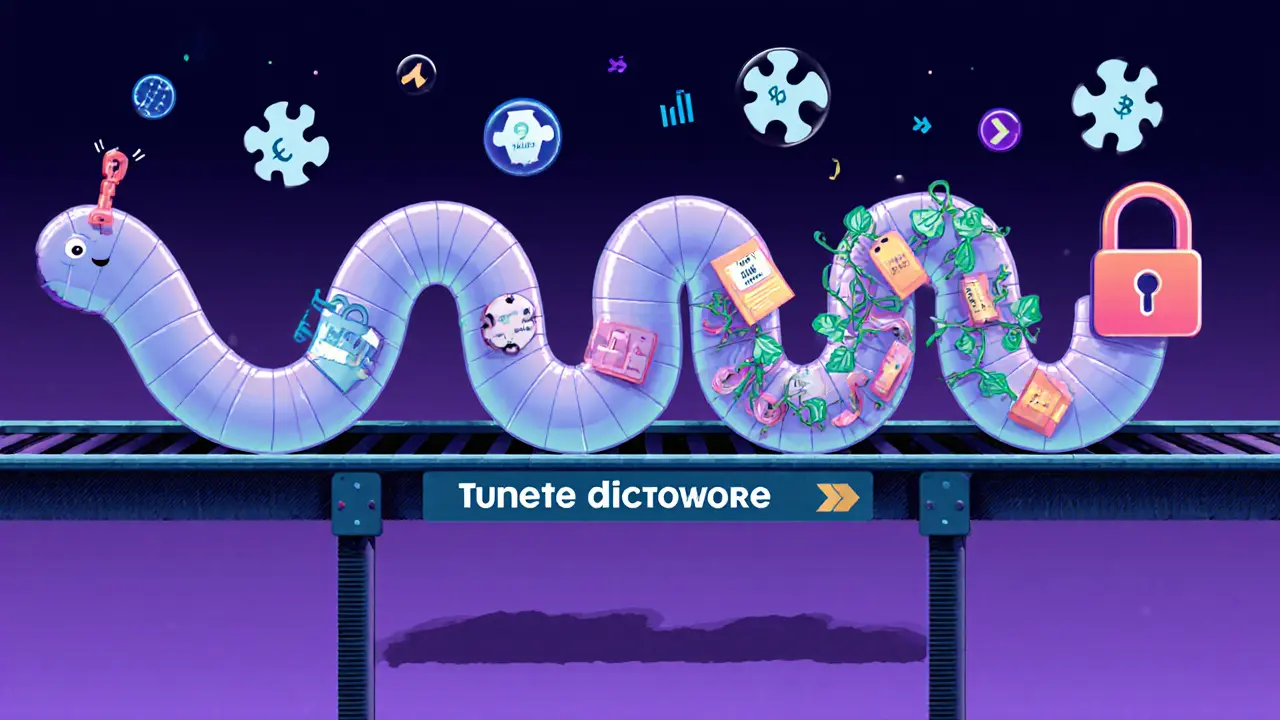 A wiggly supply chain worm shows visible and hidden data segments under a regulator&#039;s key on Tusima Network.