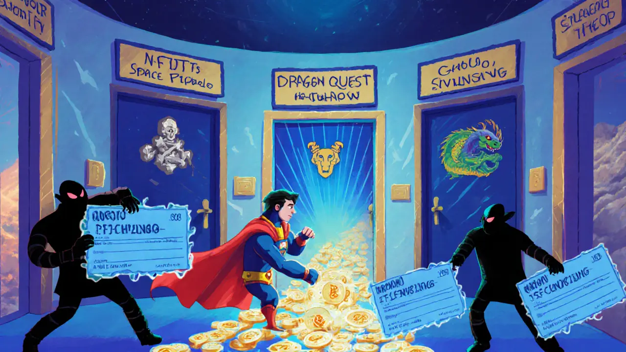 An N-Guard opens the first door in a hallway of game titles, leaving NFTs behind while scams dissolve.