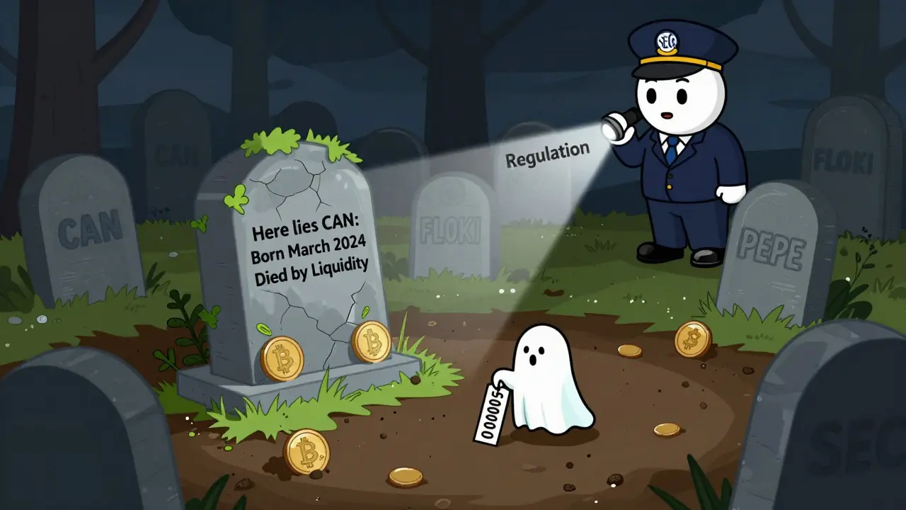 CAN&#039;s tombstone in a crypto graveyard, overgrown with weeds, as an SEC agent shines a light on it.