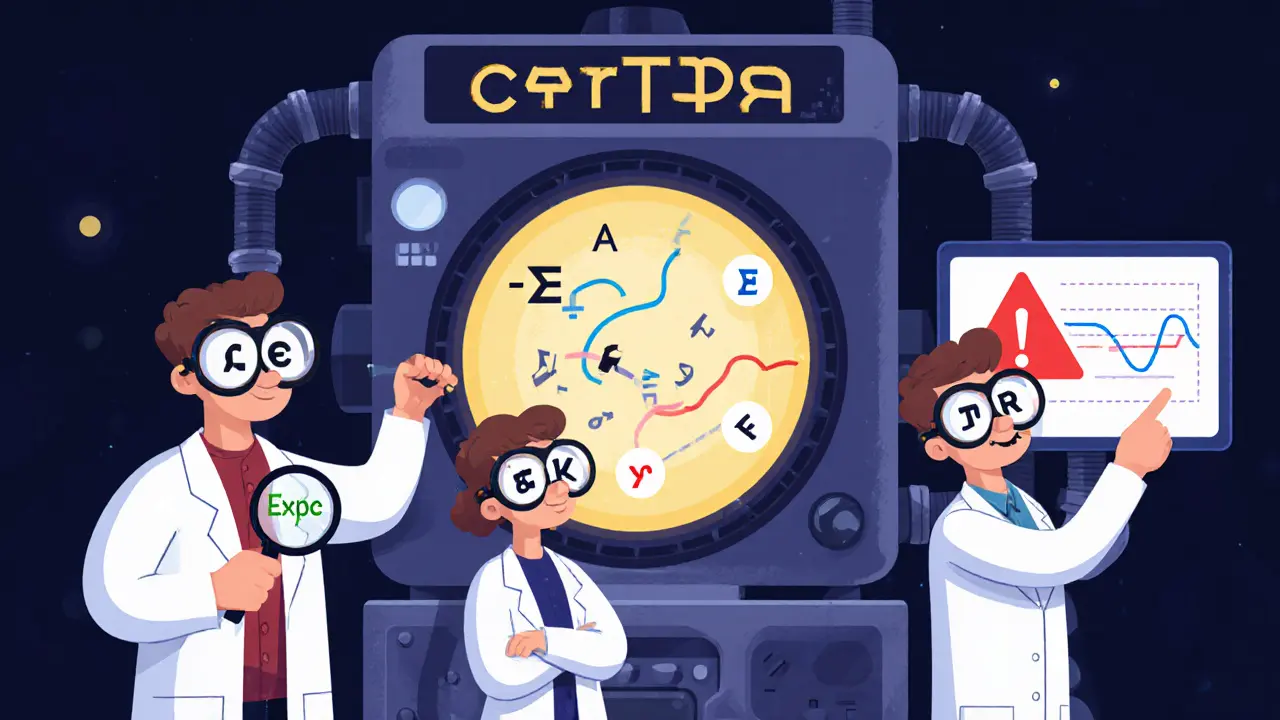 Cartoon scientists using a proof machine to turn code into equations, with a red alarm warning of an attack.