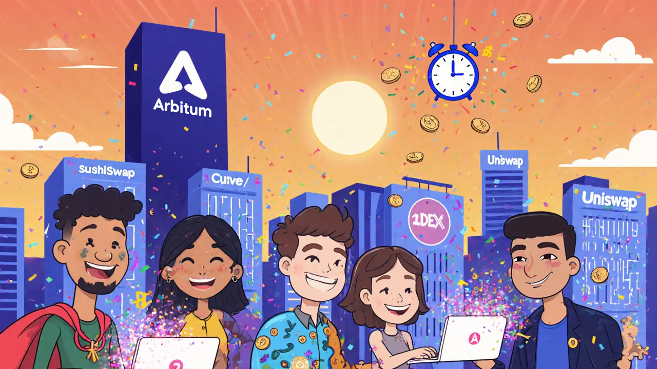 Cartoon traders celebrating low fees in a city of DeFi platforms, with a giant Arbitrum logo and a 7-day clock in the sky.