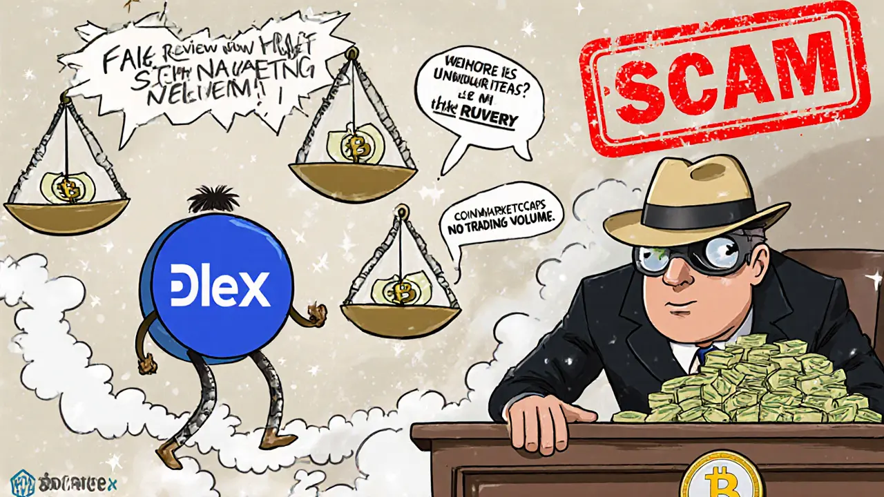 DueDEX logo on trial surrounded by fake reviews and &#039;No Trading Volume&#039; evidence, with a shadowy figure escaping.